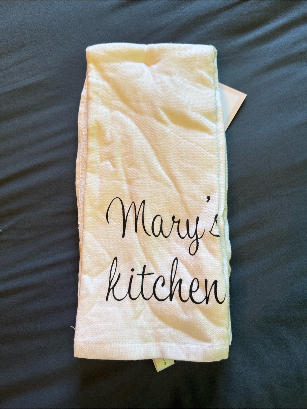 FREE Mary's Kitchen Script Tea Towel - White with Black Text